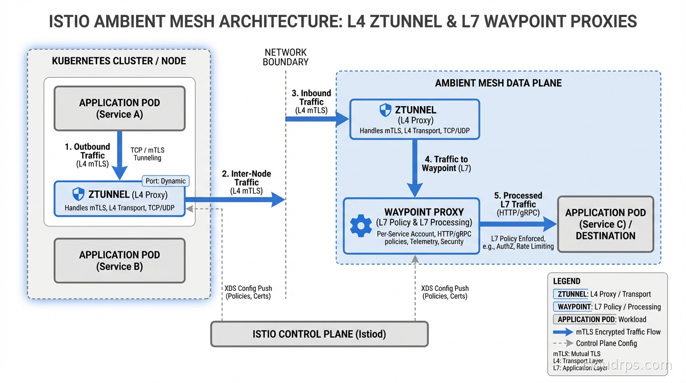 Istio ambient mesh architecture: ztunnel handles L4 transport while waypoint proxies handle L7 policies per service account