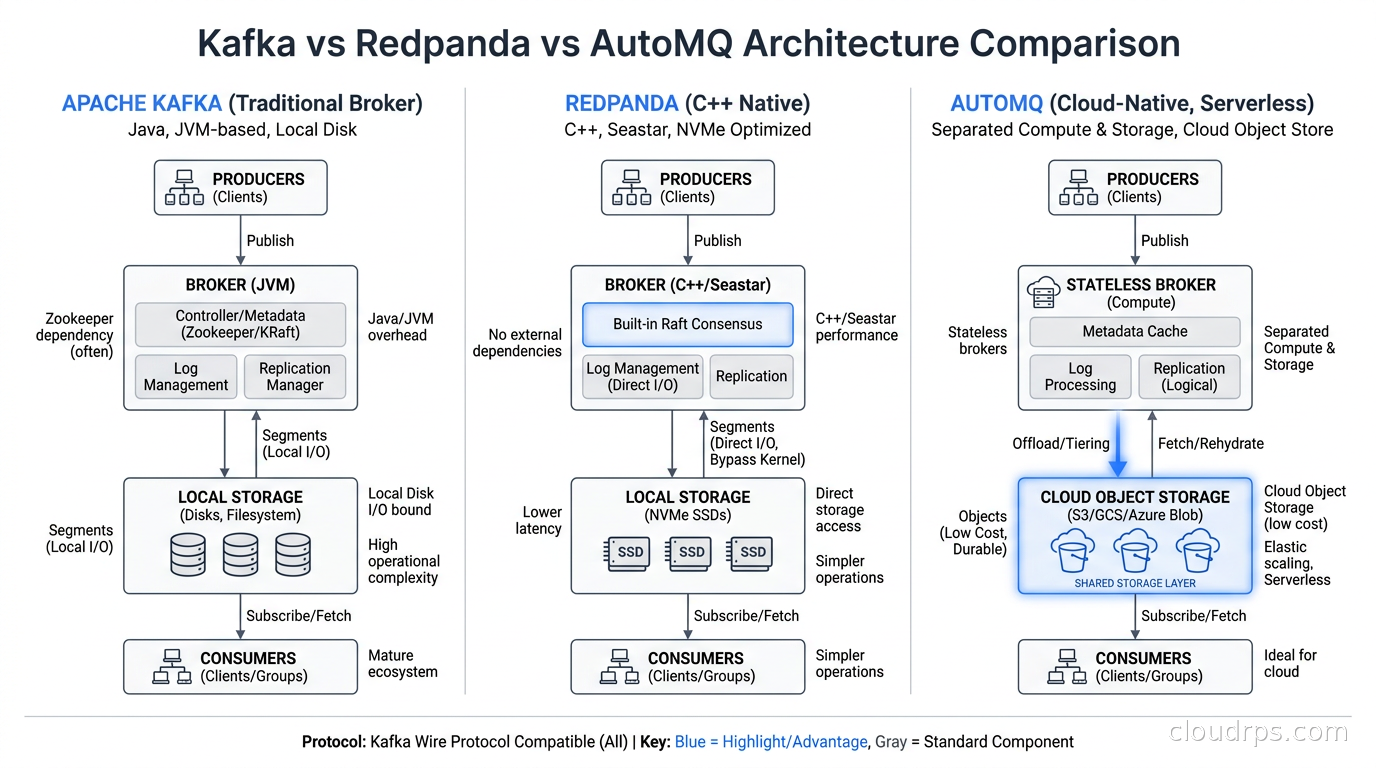Kafka vs Redpanda vs AutoMQ architecture comparison