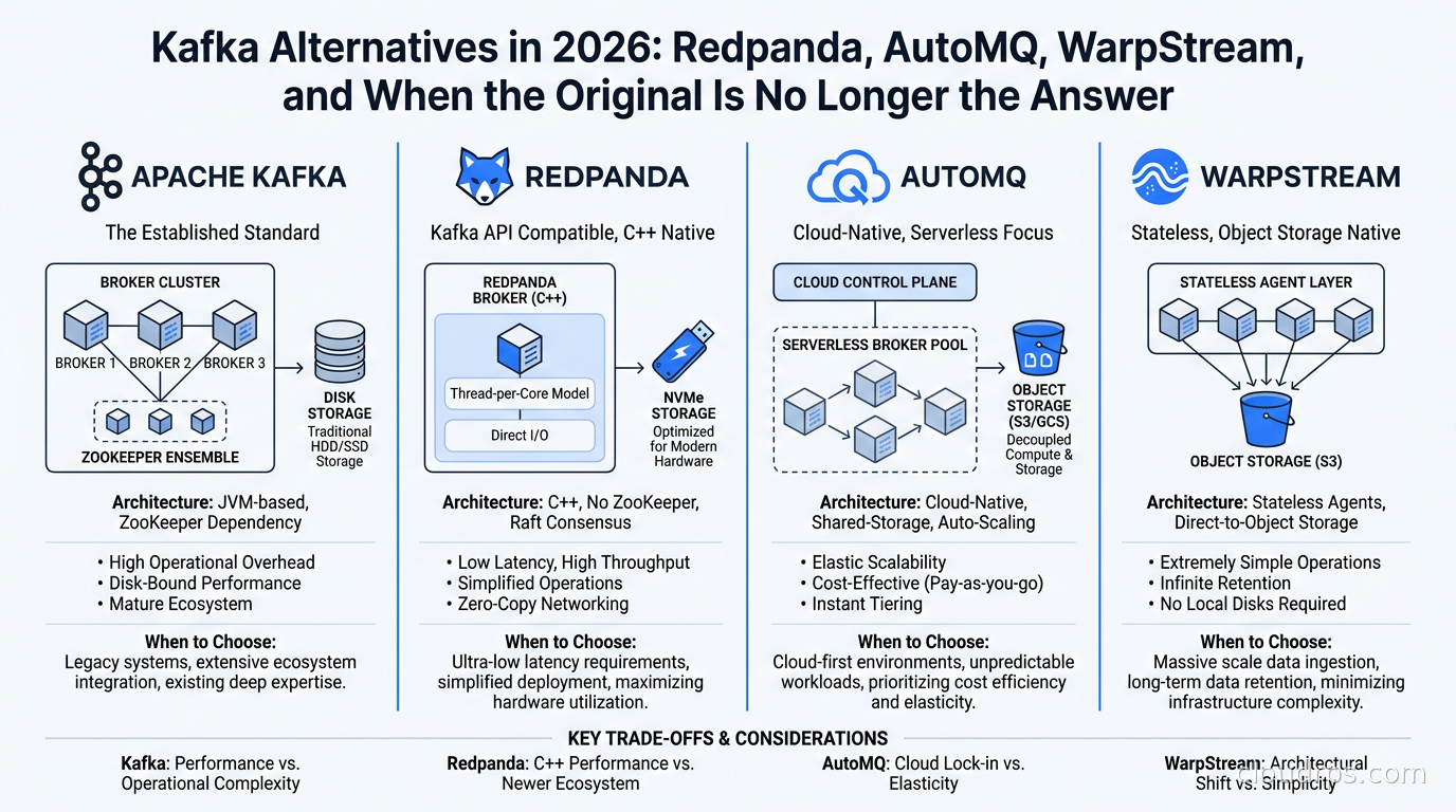 Comparison diagram of Apache Kafka, Redpanda, AutoMQ, and WarpStream streaming platforms
