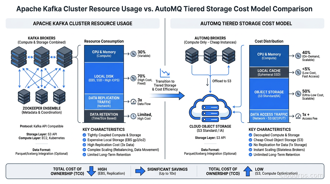Kafka cluster resource usage vs AutoMQ tiered storage cost model