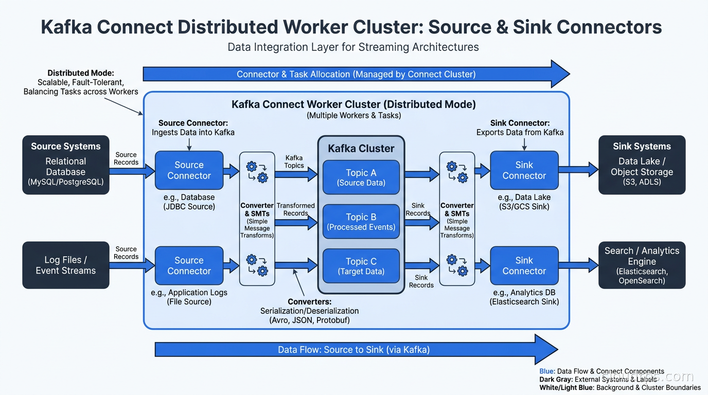 Kafka Connect worker cluster handling source and sink connectors in distributed mode