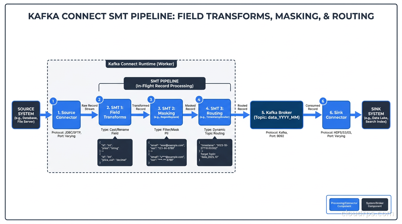 Kafka Connect SMT pipeline showing field transforms, masking, and routing applied to records in flight