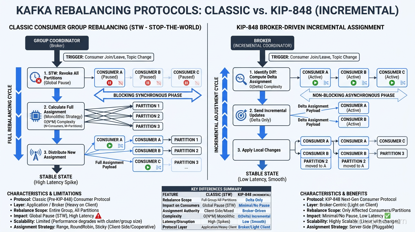 Diagram showing classic consumer group rebalancing vs KIP-848 broker-driven incremental assignment