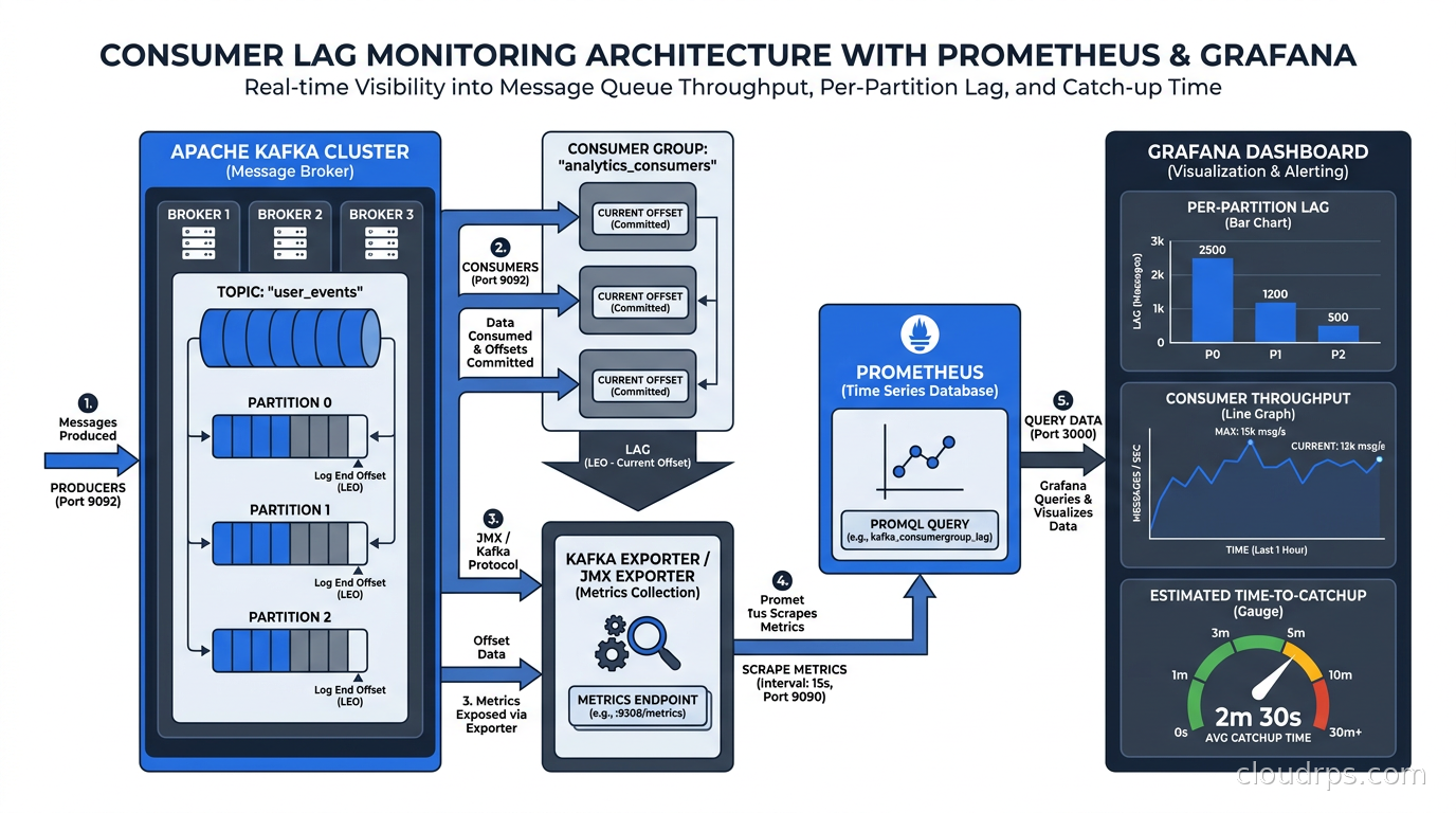 Consumer lag monitoring dashboard showing per-partition lag, throughput, and time-to-catchup metrics in Prometheus/Grafana