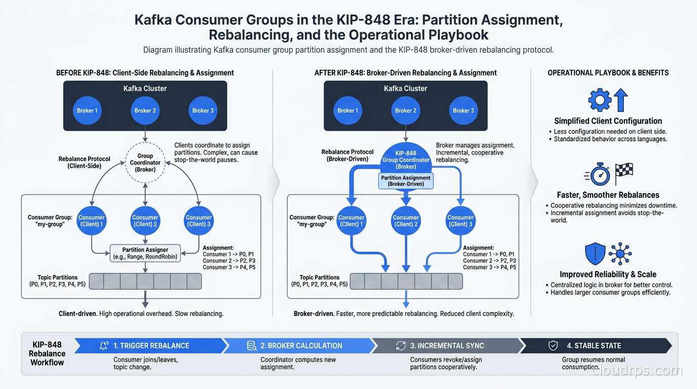 Diagram illustrating Kafka consumer group partition assignment and the KIP-848 broker-driven rebalancing protocol