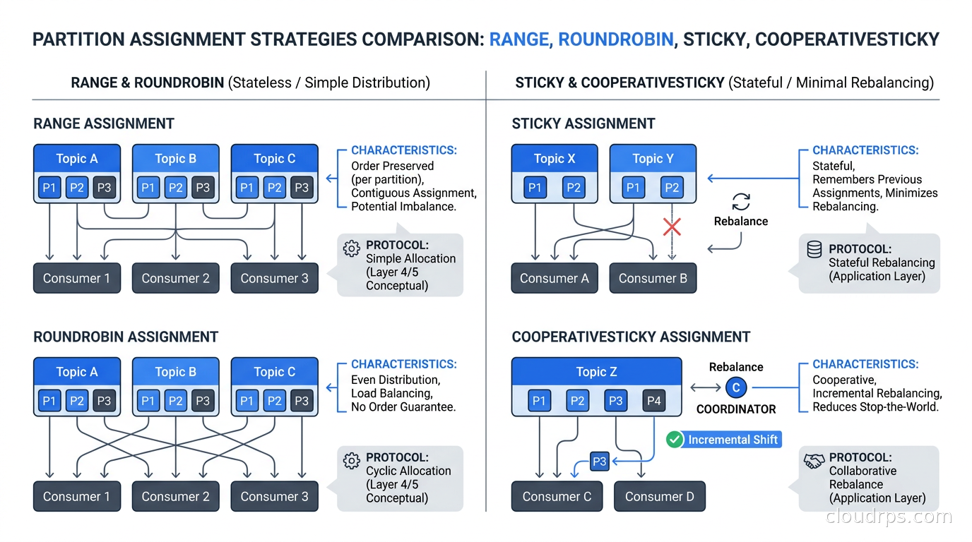 Partition assignment strategies comparison: Range, RoundRobin, Sticky, CooperativeSticky