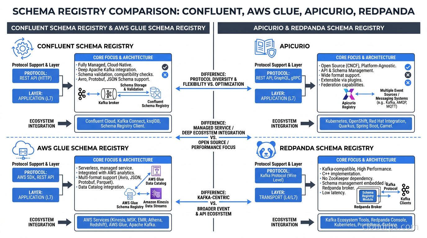 Comparison of Confluent Schema Registry, AWS Glue Schema Registry, Apicurio, and Redpanda Schema Registry