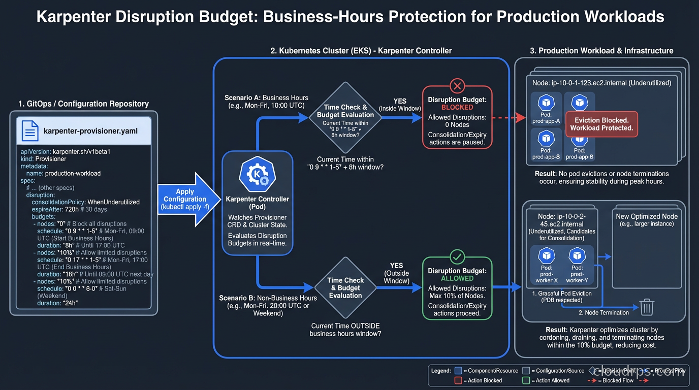 Karpenter disruption budget configuration showing business-hours protection for production workloads