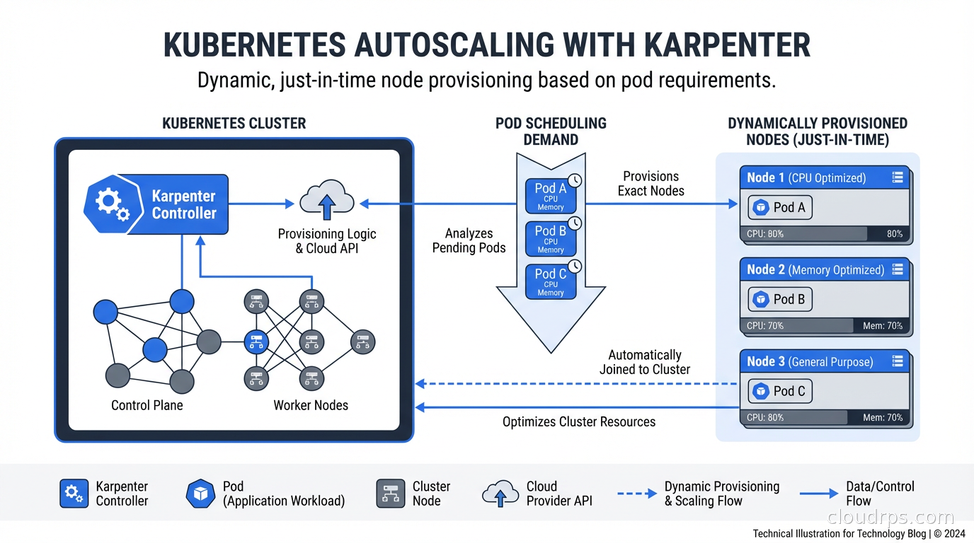 Kubernetes cluster with Karpenter dynamically provisioning nodes based on pod requirements