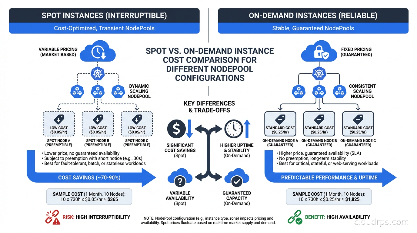 Spot vs on-demand instance cost comparison for different NodePool configurations