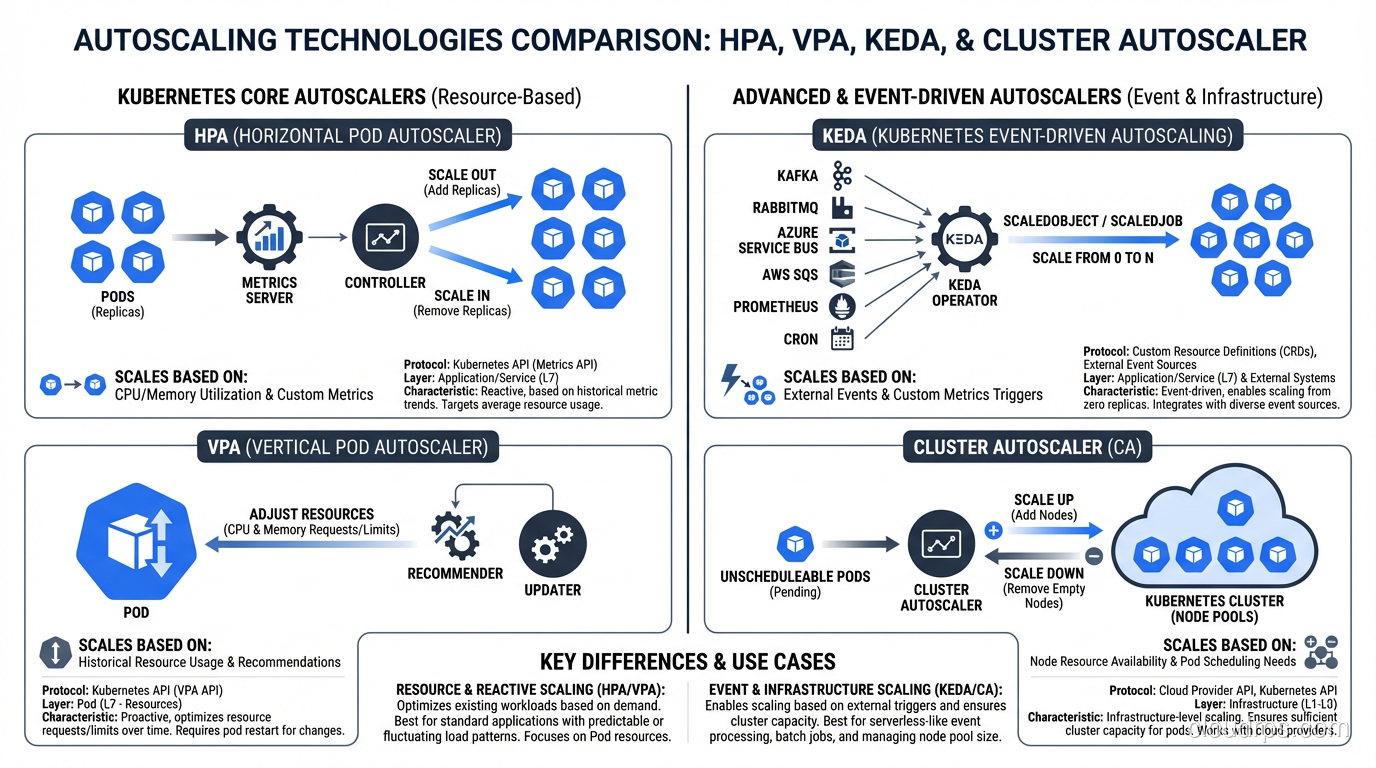 Comparison chart of HPA, VPA, KEDA, and Cluster Autoscaler capabilities