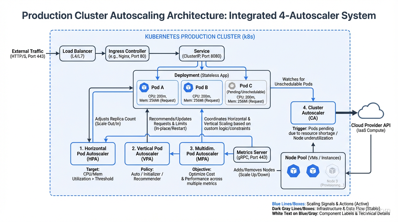 Architecture diagram showing all four autoscalers working together in a production cluster