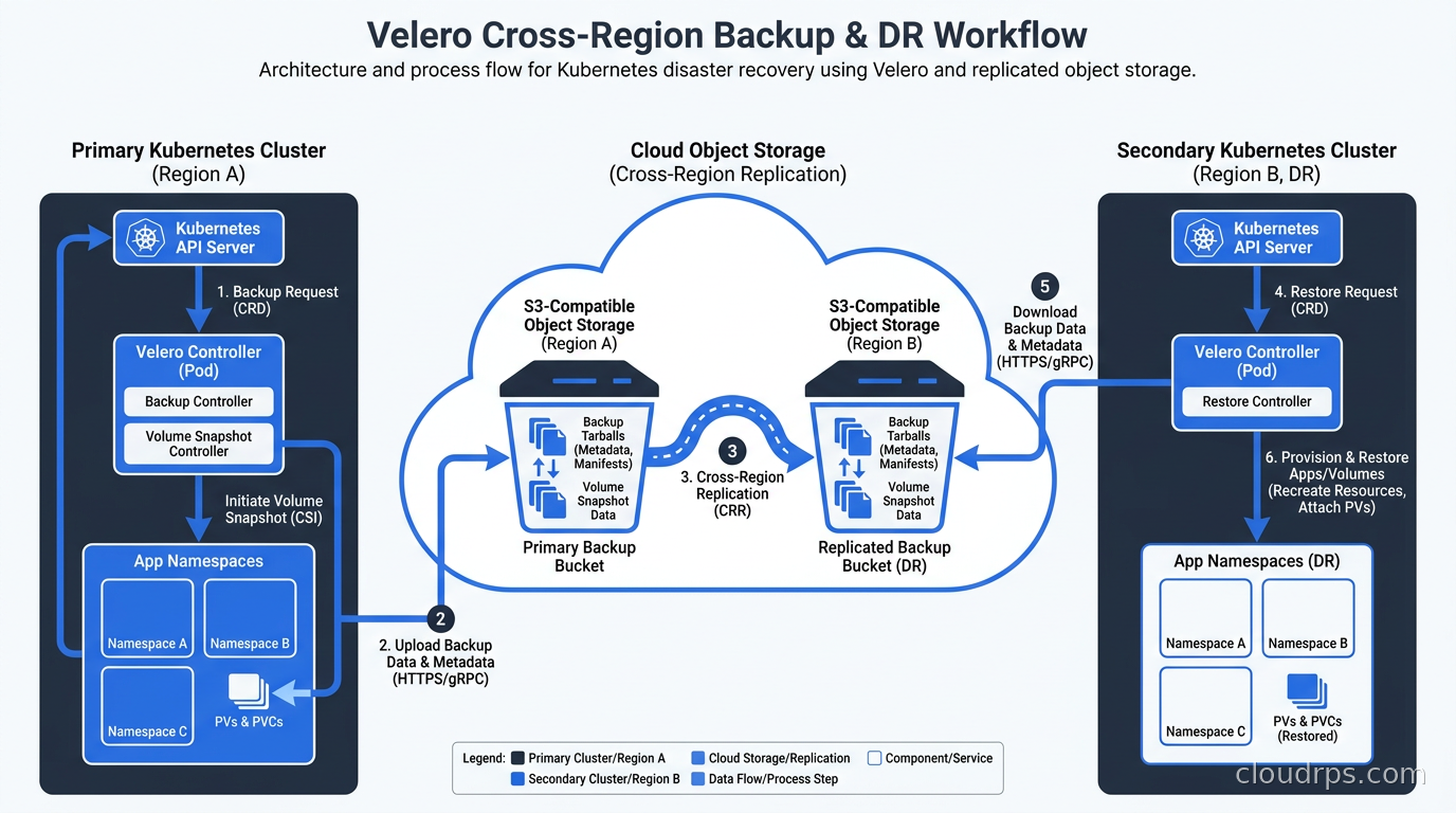 Velero backup and restore workflow showing cross-region DR path from primary cluster through replicated S3 bucket to secondary cluster restore