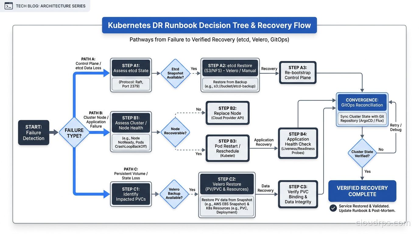Kubernetes DR runbook decision tree showing paths from failure type through etcd restore, Velero restore, and GitOps reconciliation to verified recovery