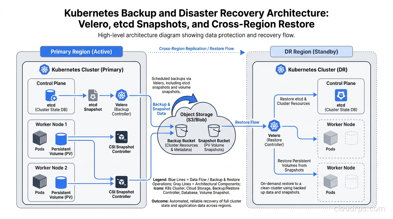 Kubernetes disaster recovery architecture diagram showing Velero backing up cluster state and persistent volumes to object storage with cross-region restore