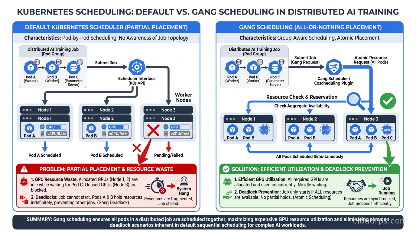 Default Kubernetes scheduler vs gang scheduling: how partial placement wastes GPU resources and creates deadlocks in distributed AI training