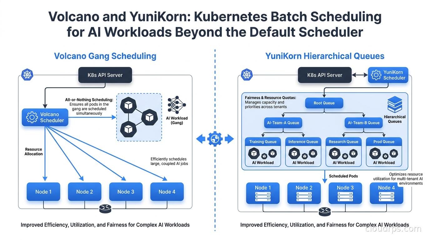 Kubernetes batch scheduler architecture showing Volcano gang scheduling and YuniKorn hierarchical queues for AI workloads