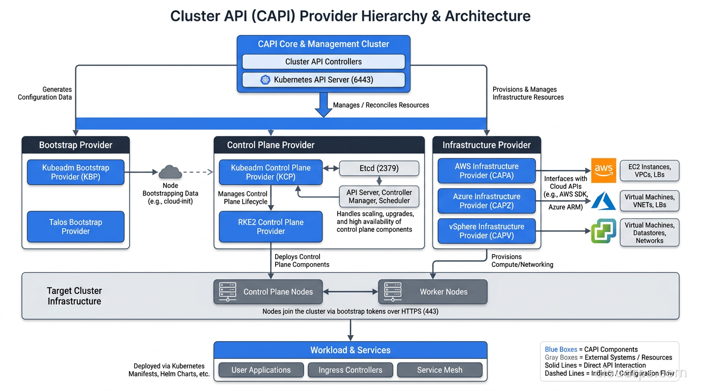 CAPI provider hierarchy diagram showing infrastructure, bootstrap, and control plane provider relationships