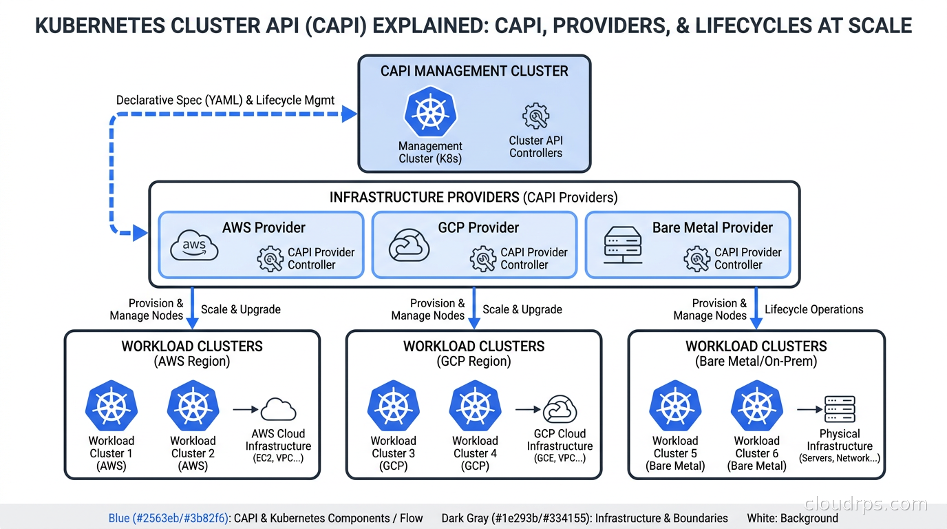 Diagram showing a CAPI management cluster declaratively provisioning and managing multiple workload Kubernetes clusters across AWS, GCP, and bare metal