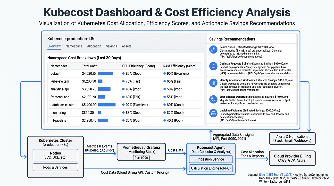 Kubecost dashboard showing namespace cost breakdown with efficiency scores and savings recommendations