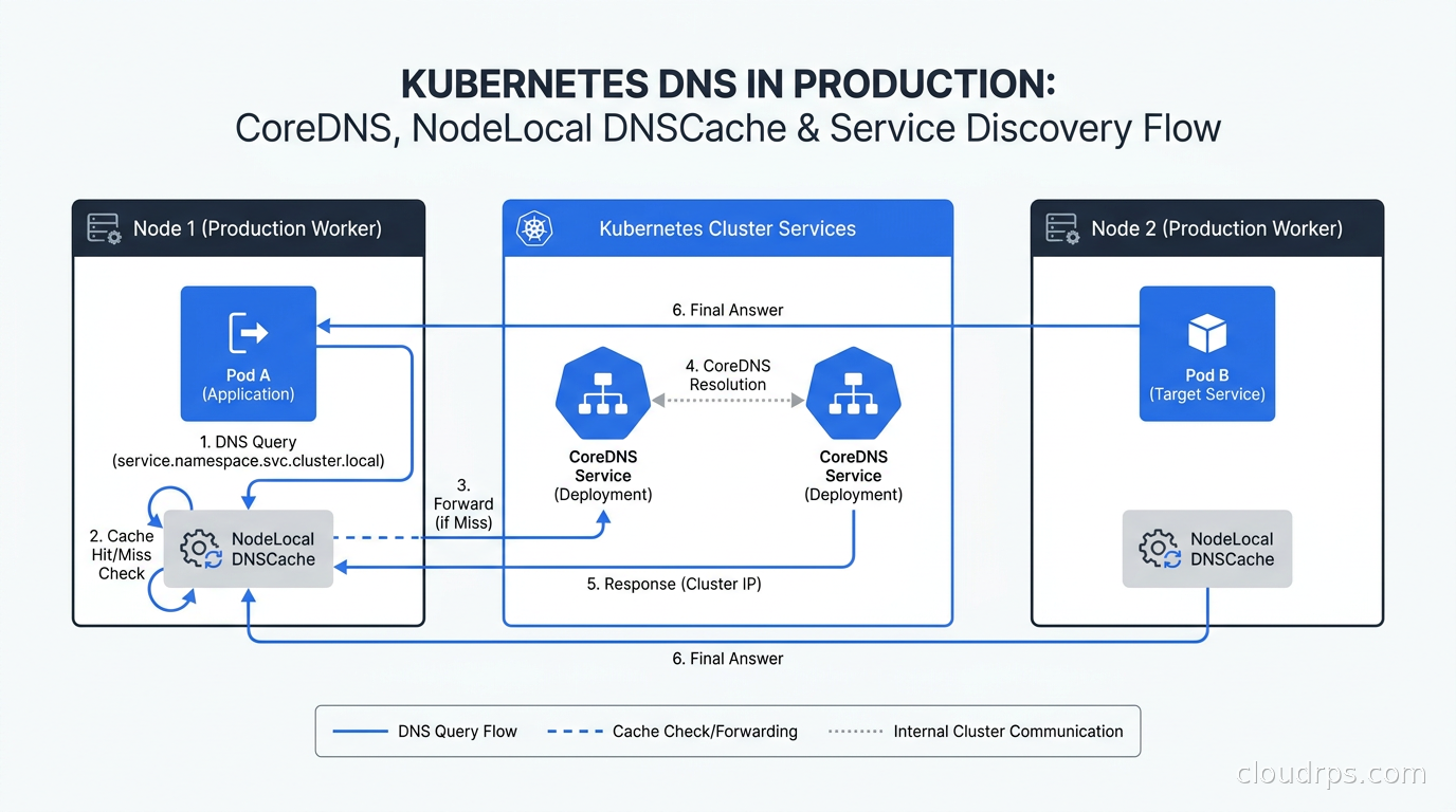 Diagram showing Kubernetes DNS resolution path with CoreDNS and NodeLocal DNSCache in a production cluster