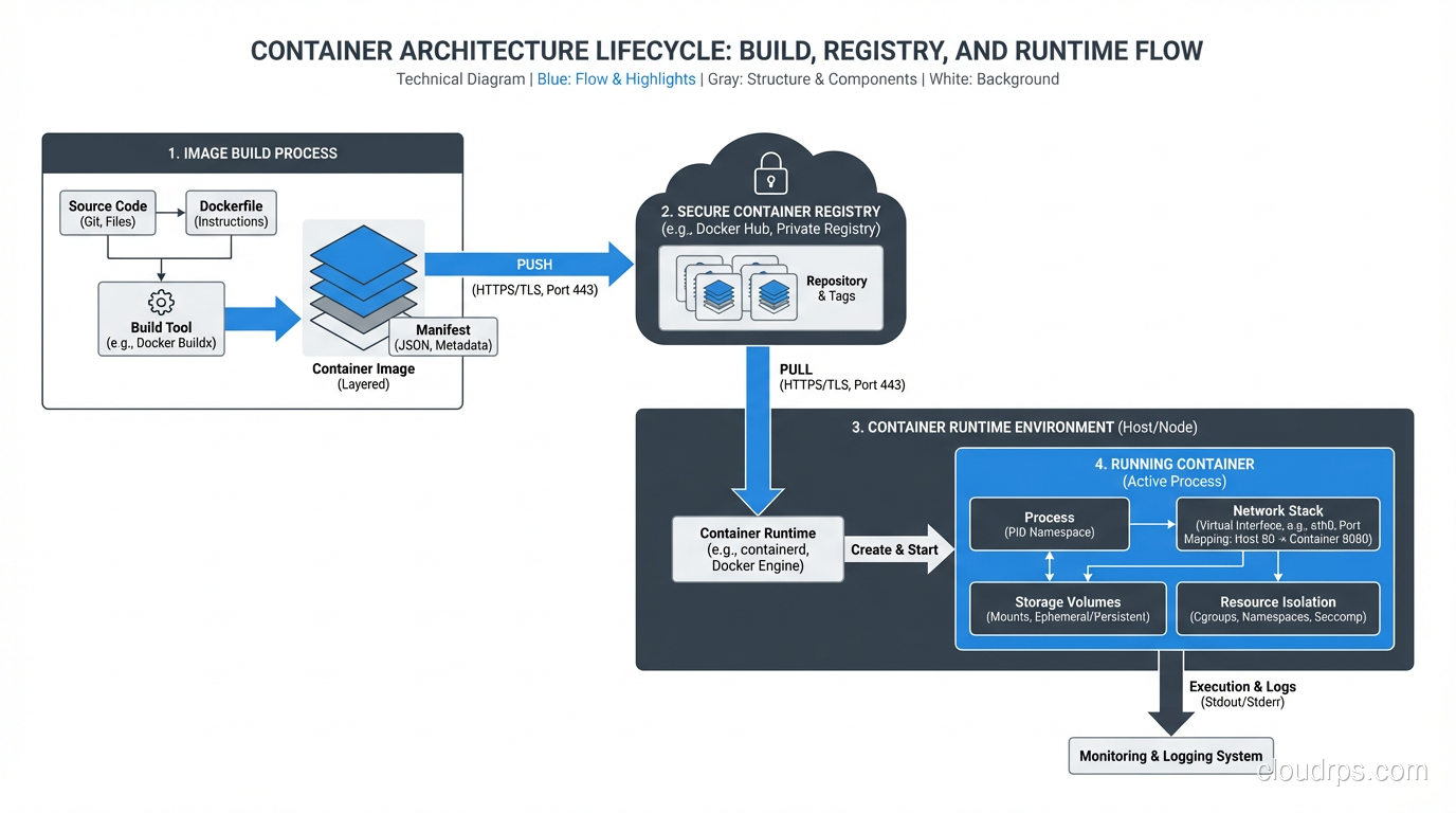 Container architecture showing image build, registry, and runtime lifecycle