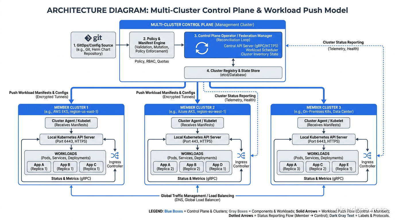 Architecture diagram showing multi-cluster control plane pushing workloads to member clusters