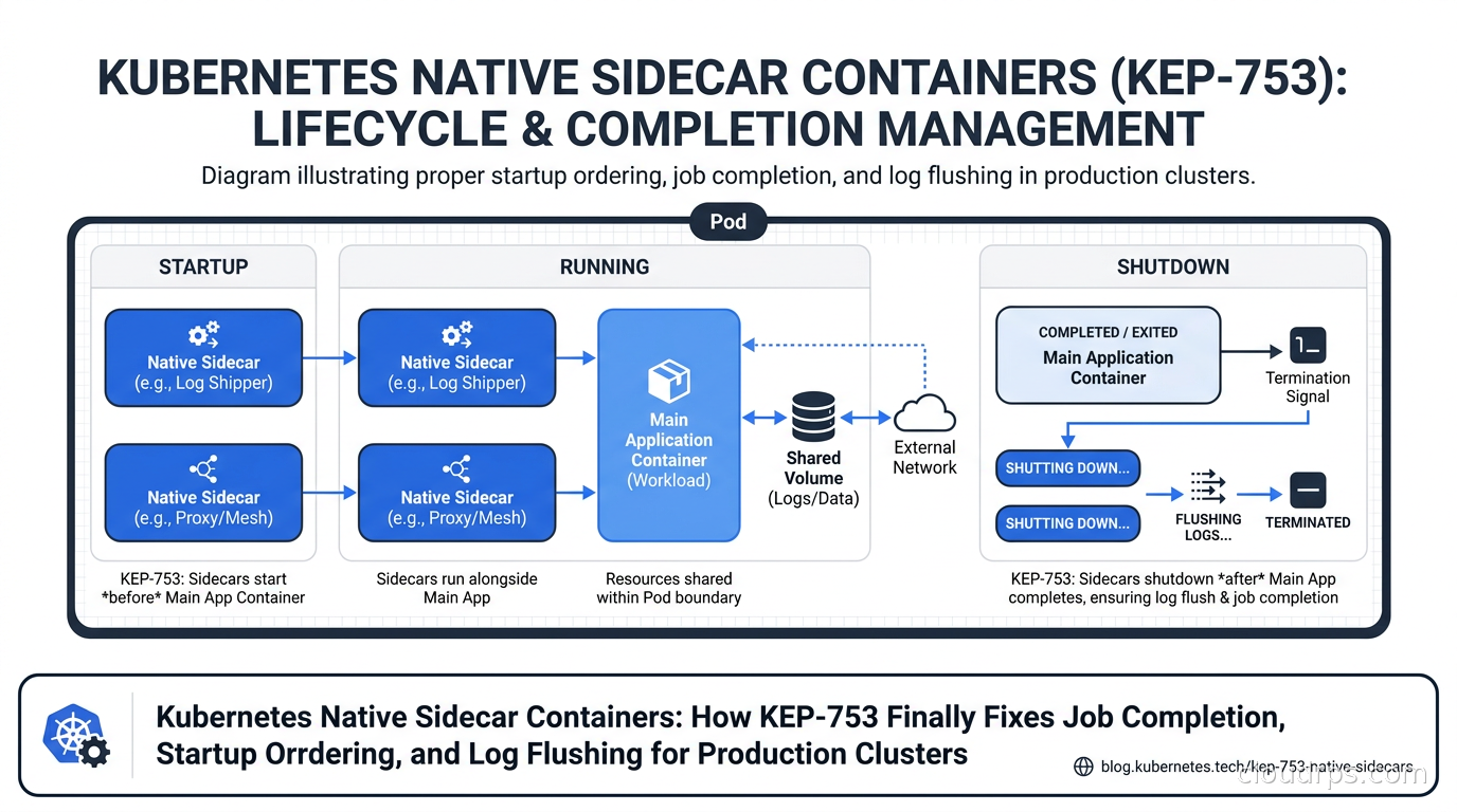 Kubernetes pod diagram showing native sidecar containers alongside application containers with proper lifecycle management