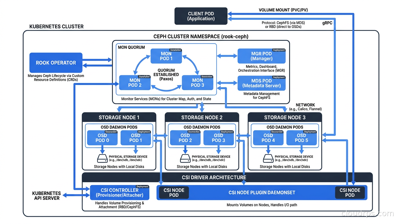 Rook/Ceph architecture inside Kubernetes showing MON quorum, OSD daemon pods on storage nodes, MGR, and MDS for CephFS alongside the CSI driver DaemonSet