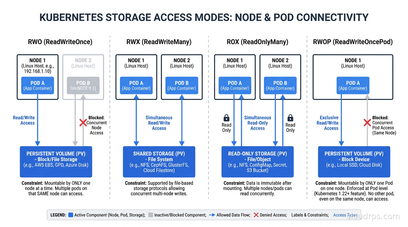 Kubernetes storage access modes diagram showing RWO, RWX, ROX, and RWOP with which node and Pod combinations are allowed for each mode