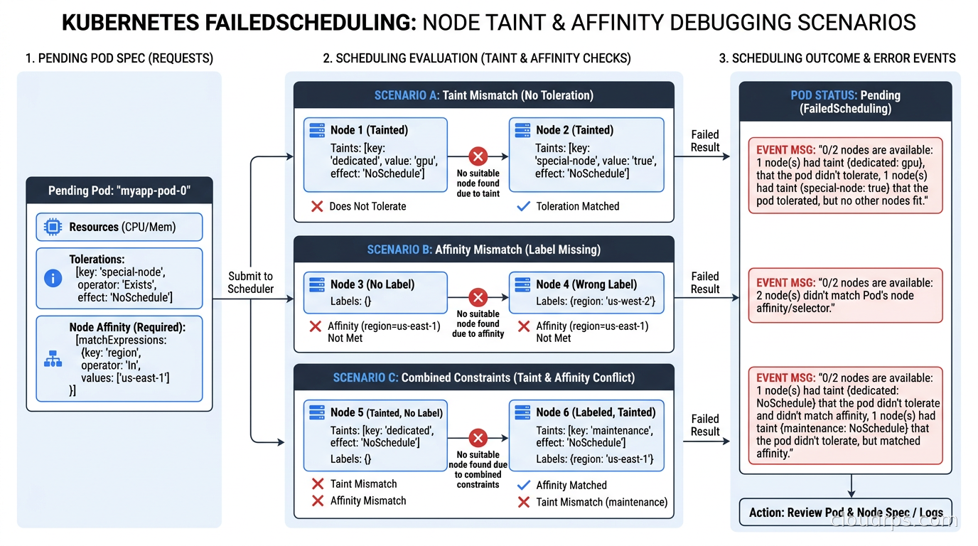 Common Kubernetes FailedScheduling scenarios with node taint and affinity debugging