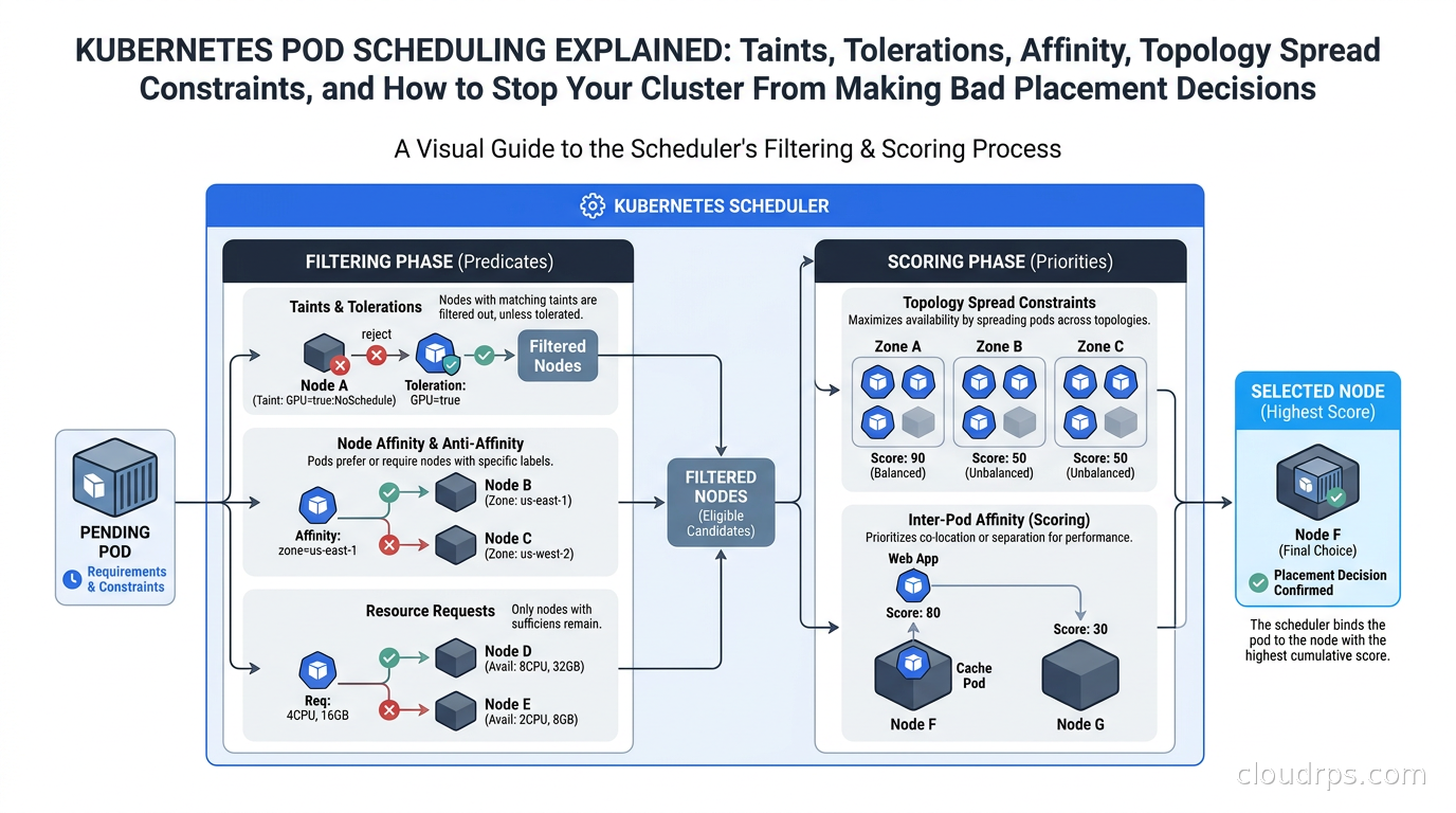 Diagram showing Kubernetes scheduler filtering and scoring nodes for pod placement with taints, affinity rules, and topology spread constraints