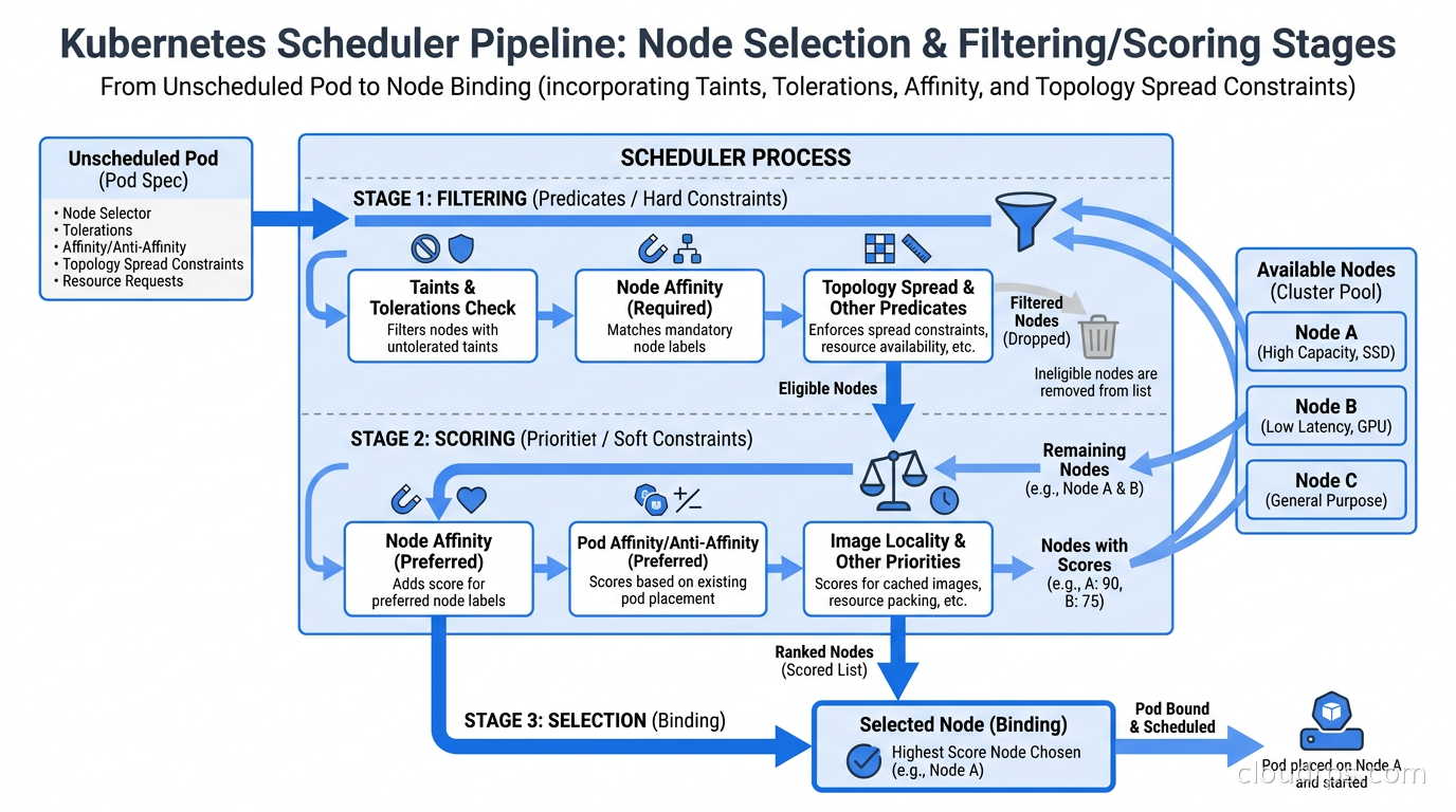 Kubernetes scheduler filtering and scoring pipeline with node selection phases