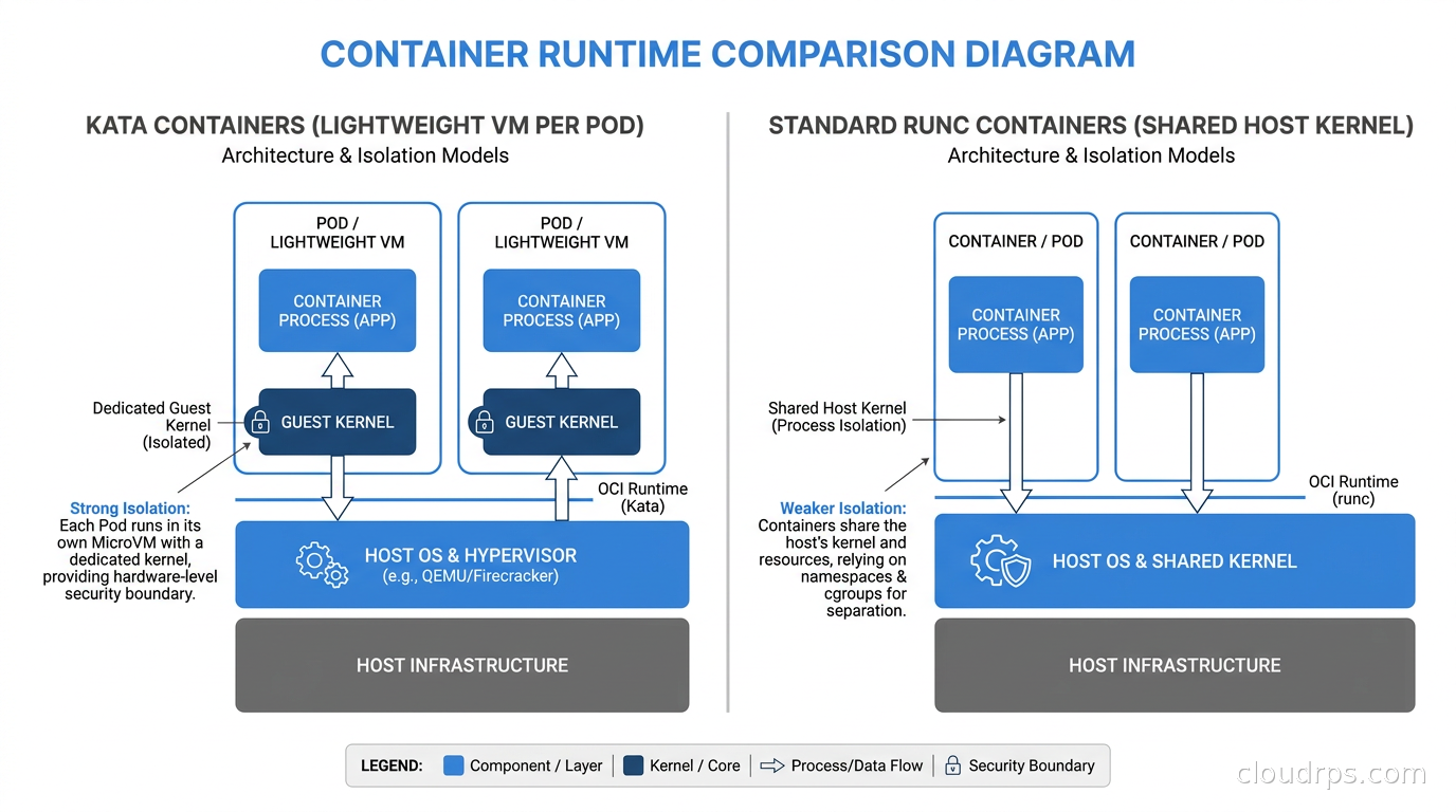 Kata Containers creating a lightweight VM per pod with dedicated guest kernel compared to standard runc containers sharing the host kernel