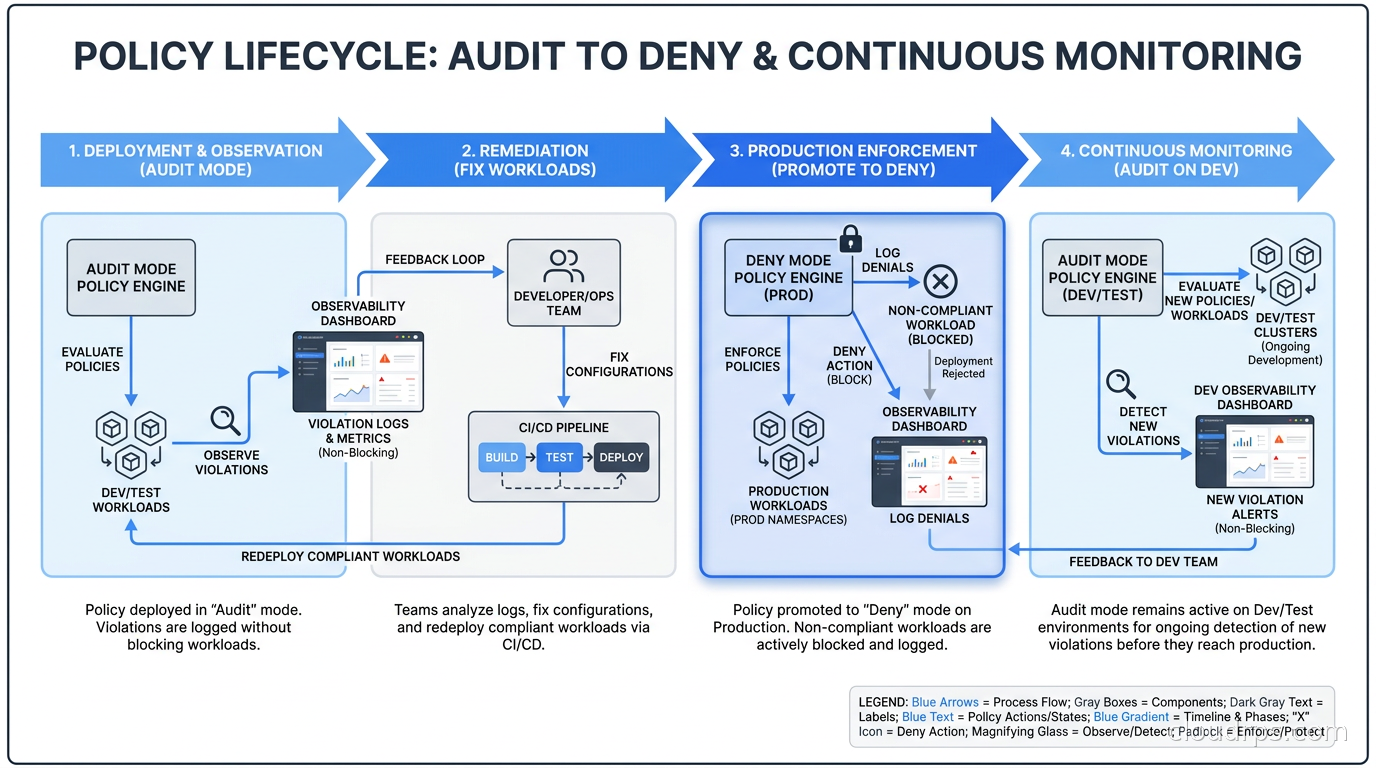 Timeline showing policy lifecycle: deploy in Audit mode, observe violations, fix workloads, promote to Deny on production namespaces, leave Audit running on dev for ongoing detection