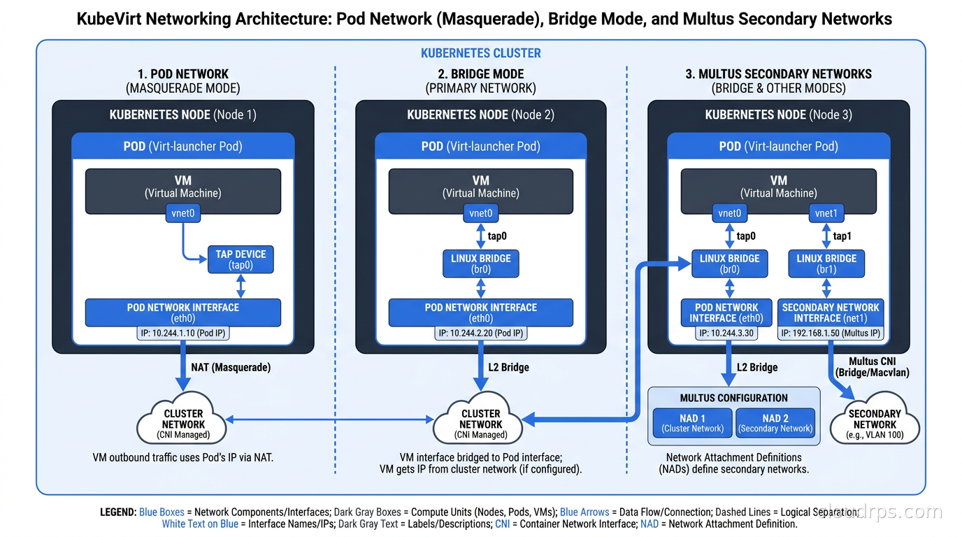 KubeVirt networking diagram showing Pod network masquerade mode, bridge mode, and Multus secondary networks for VM connectivity