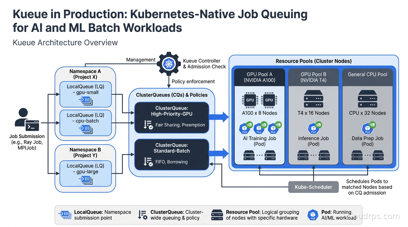 Kueue Kubernetes batch job scheduling architecture diagram showing ClusterQueues, LocalQueues, and GPU resource pools