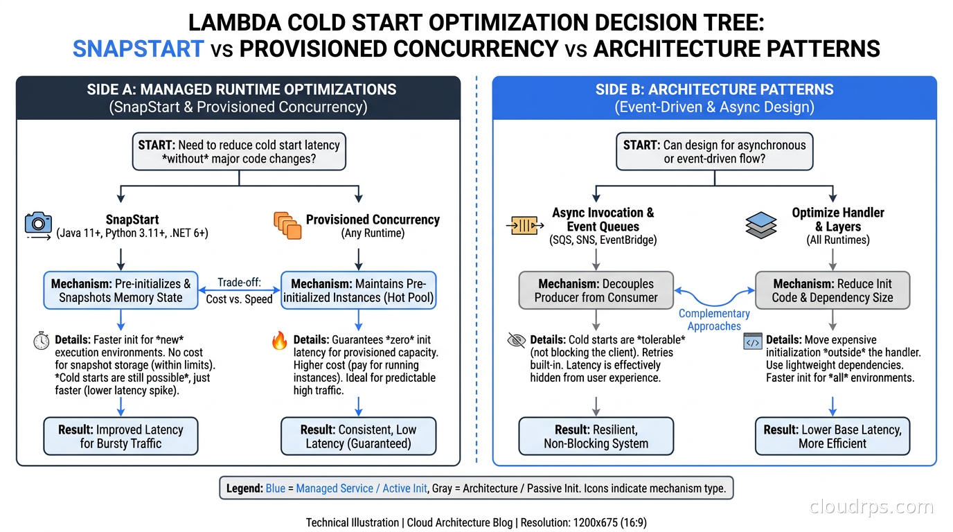 Decision tree for Lambda cold start optimization: SnapStart vs Provisioned Concurrency vs architecture patterns
