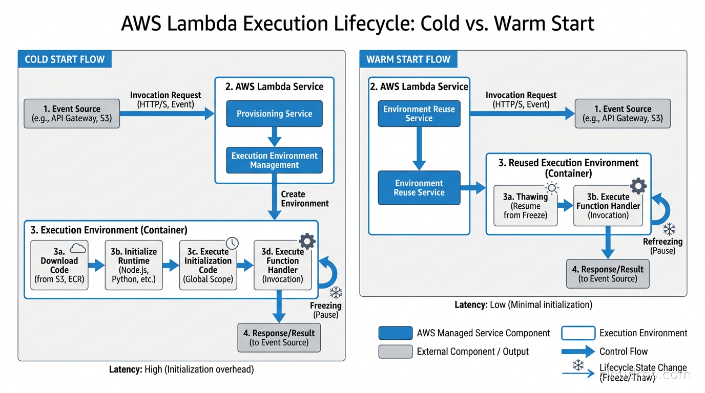 Lambda execution lifecycle diagram showing cold start phases versus warm invocation