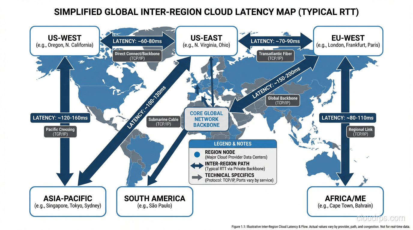 Map showing typical inter-region latencies for major cloud providers