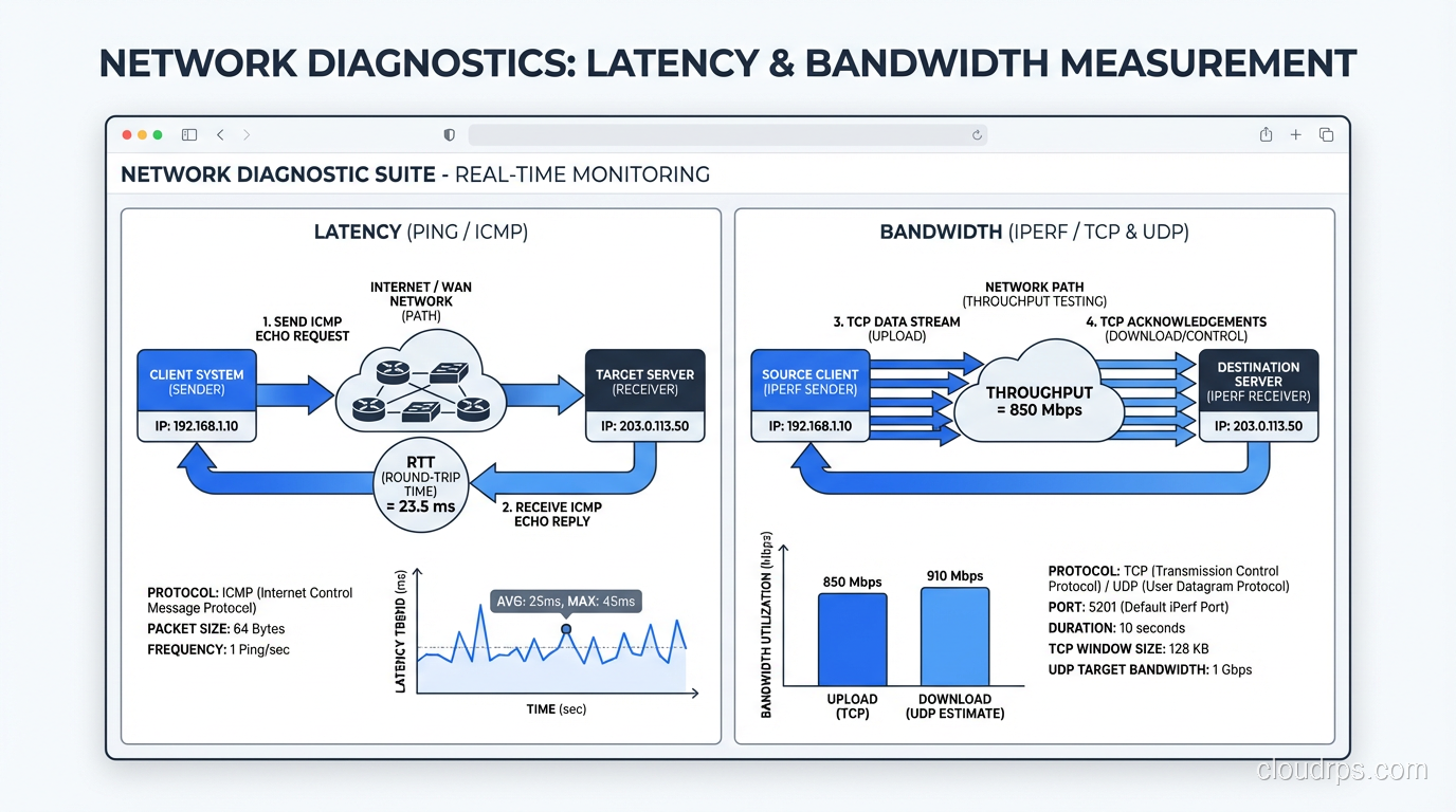 Screenshot showing network diagnostic tools measuring latency and bandwidth