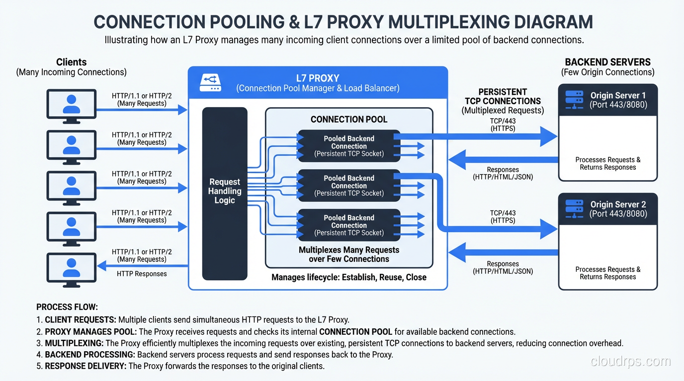 Connection pooling diagram showing how an L7 proxy multiplexes many client connections over few backend connections