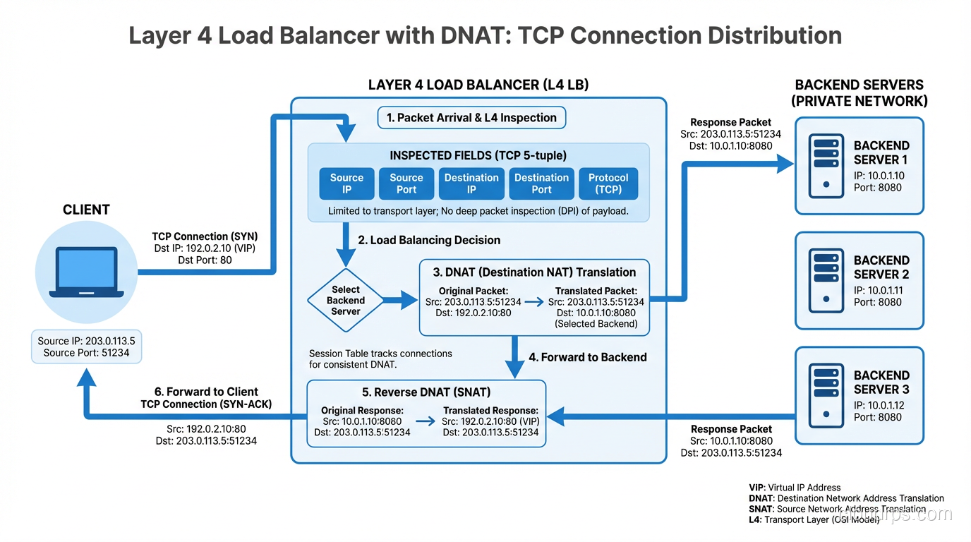 Layer 4 load balancer distributing TCP connections using DNAT, showing what fields it can inspect
