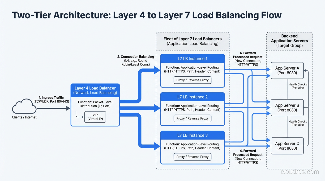 Two-tier architecture with Layer 4 load balancer distributing traffic to a fleet of Layer 7 load balancers