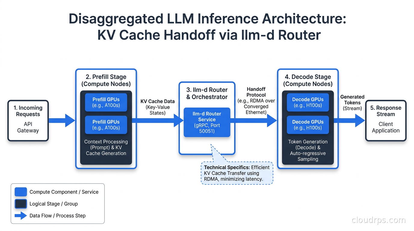 Disaggregated LLM inference architecture showing prefill GPUs handing off KV cache to decode GPUs via llm-d router