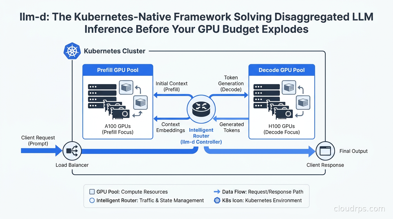 Kubernetes cluster diagram showing disaggregated LLM inference with separate prefill and decode GPU pools connected by an intelligent router