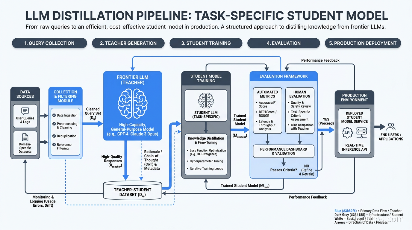 The full distillation pipeline from query collection through teacher generation, student training, and evaluation to production deployment
