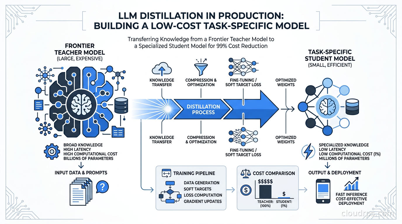 Diagram showing a large frontier teacher model transferring knowledge to a smaller, faster student model through the distillation process