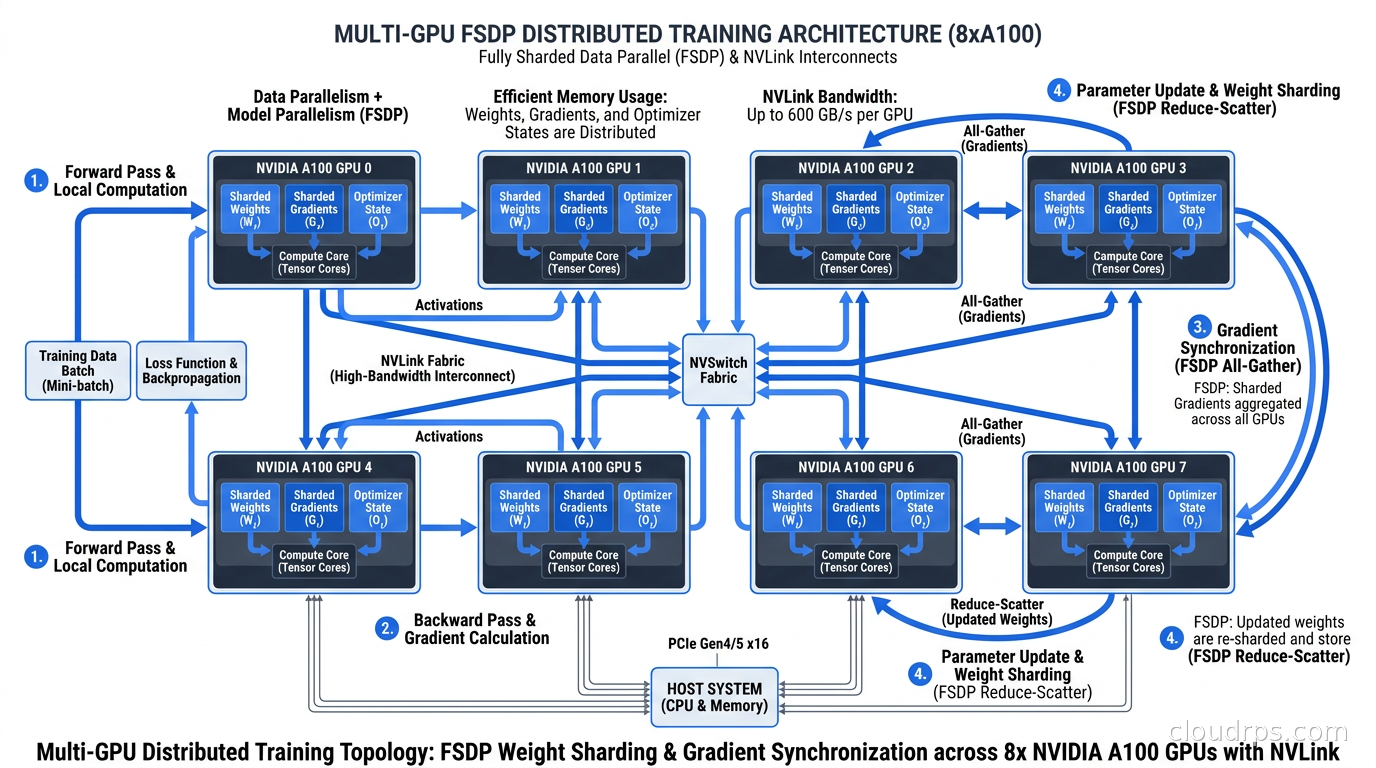 Multi-GPU distributed training topology showing FSDP weight sharding across 8xA100 GPUs with NVLink interconnects and gradient synchronization pattern