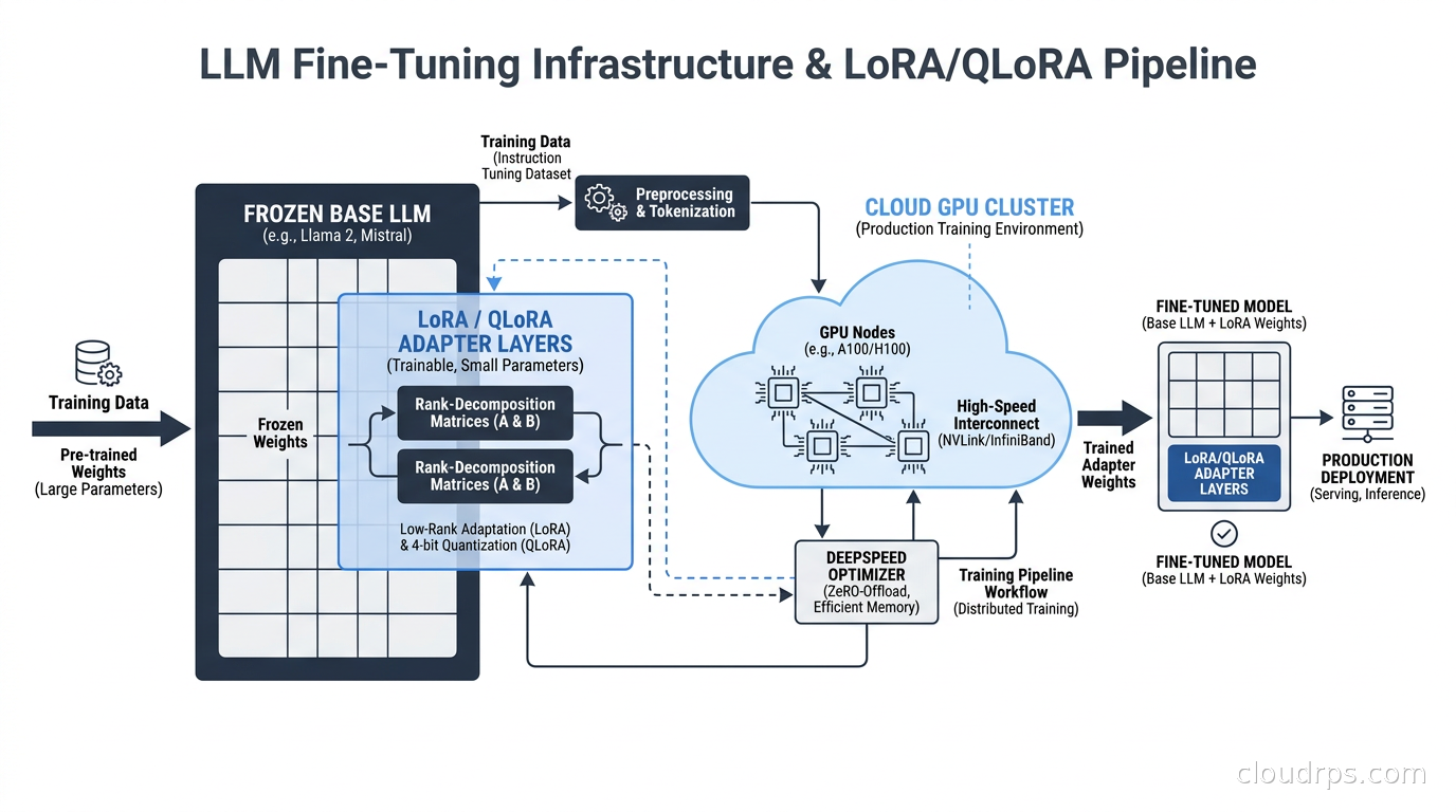Diagram of LoRA adapter layers applied to a frozen base LLM with cloud GPU infrastructure and training pipeline visualization